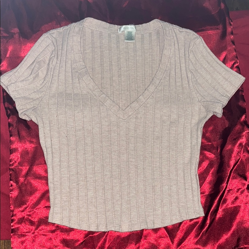 Bozzolo Ribbed V-Neck Light Tan Blouse